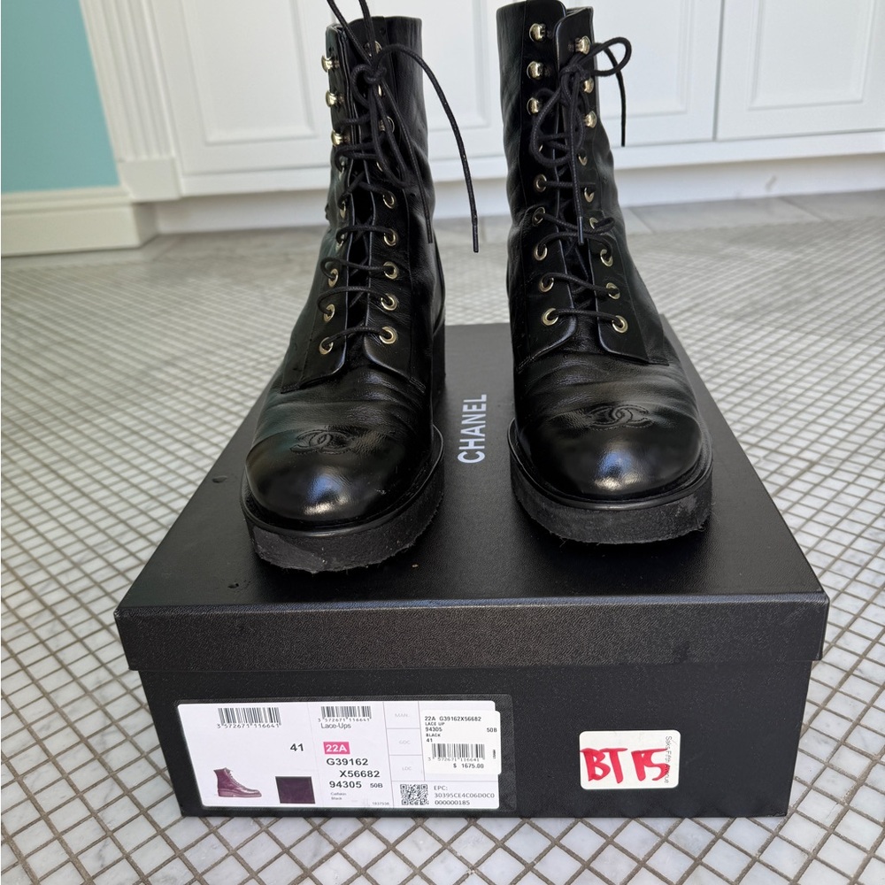 Chanel Black Leather Combat Boots